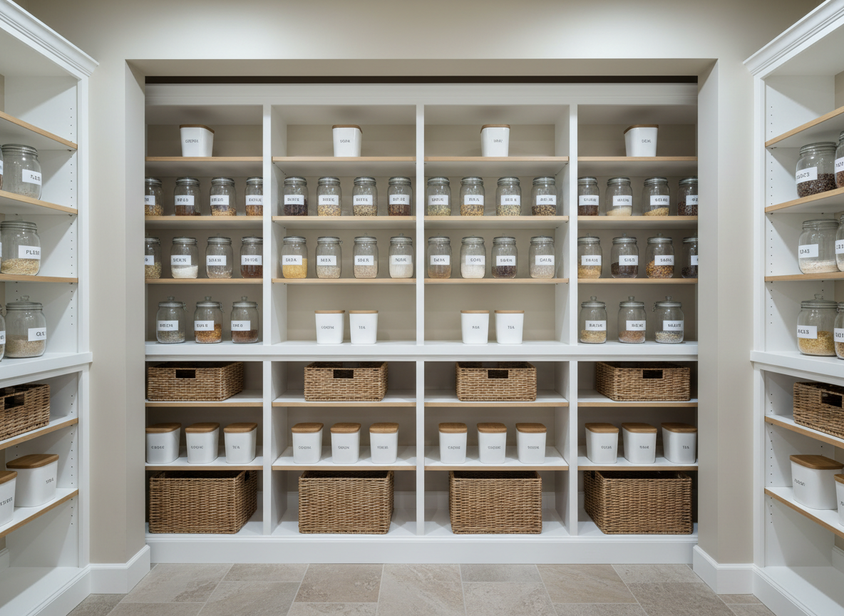 A highly functional custom pantry closet with floor-to-ceiling shelving in smooth, satin-finished white, contrasted by light natural wood shelf edges. Empty, labeled glass jars and uniform white canisters are spaced evenly across the shelves, interspersed with woven baskets for concealed storage. The pantry is set within a modern kitchen alcove, framed by soft beige walls and a subtle stone tile floor. Bright, cool-toned LED ceiling lights provide clear, even illumination, minimizing shadows and highlighting the orderly layout. Photographed at an eye-level, straight-on perspective with sharp focus and slight depth toward the back shelves, the image presents a professional, practical mood and a clean, modern aesthetic, emphasizing the brand’s expertise in custom storage solutions beyond traditional bedroom closets.