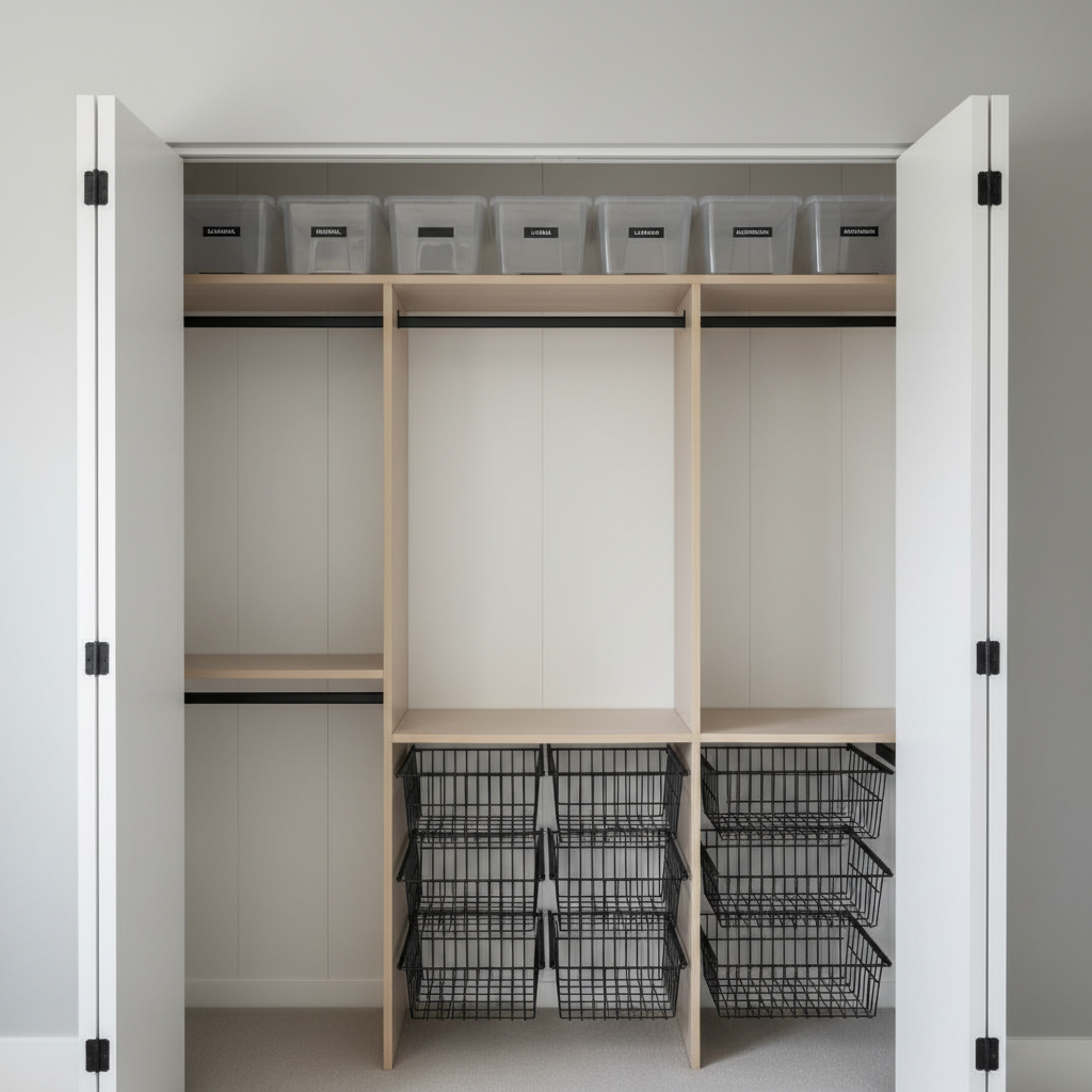 A compact reach-in closet transformed with custom storage: matte white vertical panels, adjustable shelves framed in pale oak, and sleek black metal hanging rods. Clear labeled storage bins line the upper shelf, while a row of pull-out wire baskets occupies the lower section, all perfectly empty and aligned. The closet is set within a freshly painted soft gray bedroom wall, with the bifold doors fully open to reveal the system. Bright, diffused daylight enters from an unseen nearby window, eliminating harsh shadows and emphasizing clean lines. Captured straight-on with symmetrical composition and photographic realism, the image feels efficient, tidy, and professional, ideal for demonstrating space-maximizing solutions in small standard closets.