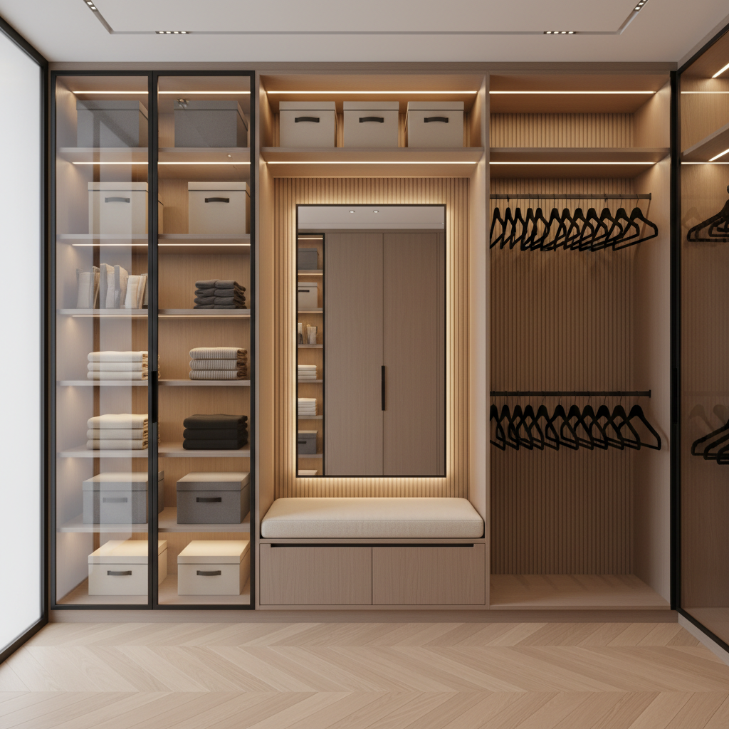 A luxurious dressing room closet featuring a full-height glass-front cabinet system with integrated LED strip lighting along each shelf, illuminating neatly arranged neutral storage boxes and folded textiles. Adjacent open hanging sections showcase spaced, empty velvet hangers against a backdrop of soft taupe panels with subtle vertical texture. A built-in bench with a cushioned seat and discreet drawer storage sits beneath a large frameless mirror, all resting on herringbone light oak flooring. Soft, warm artificial lighting combines with faint natural daylight from a frosted side window, creating a calm, high-end atmosphere. Shot from a slightly elevated angle with a wide lens to capture the entire wall system, the composition uses clean lines and photographic realism to convey precision, craftsmanship, and tailored luxury closet design.